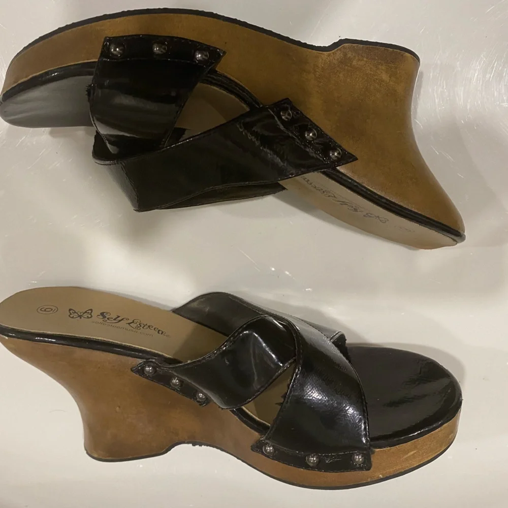 Self Esteem Black Patent Open Toe Wedge